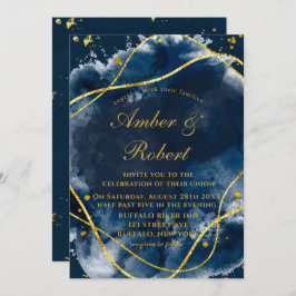 Navy Blue Waterverf Gold Wedding Invitations