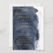 Navy Blue Waterverf & Gold Wedding Kaart (Voorkant)