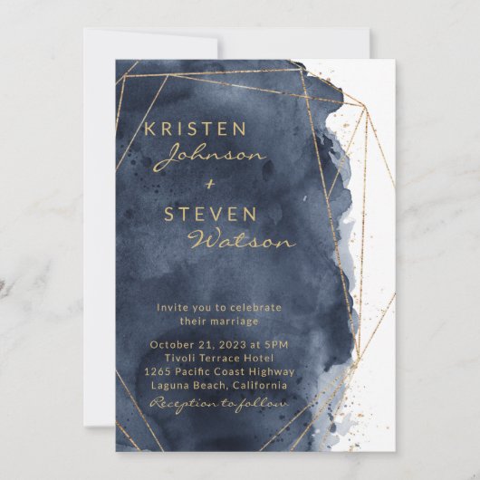 Navy Blue Waterverf & Gold Wedding Kaart (Voorkant)