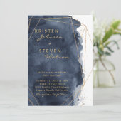 Navy Blue Waterverf & Gold Wedding Kaart (Staand voorkant)
