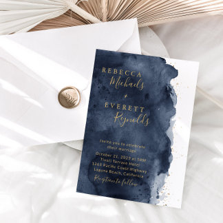 Navy Blue Waterverf & Gold Wedding Kaart