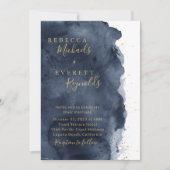 Navy Blue Waterverf & Gold Wedding Kaart (Voorkant)