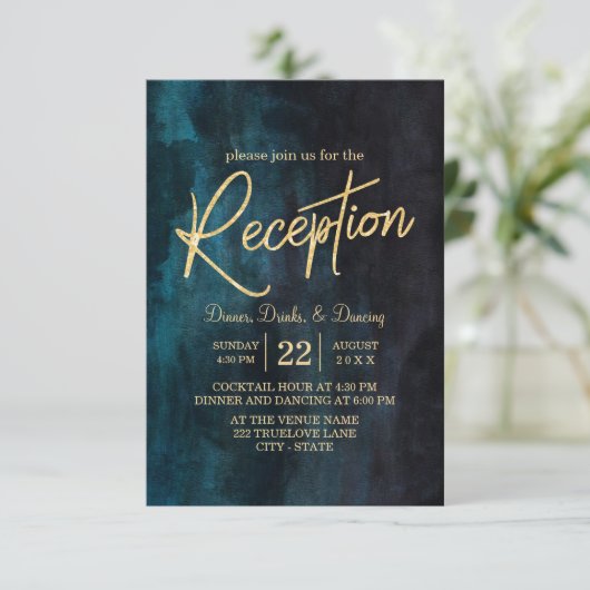 Navy Blue Waterverf & Gold Wedding Reception Kaart (Staand voorkant)