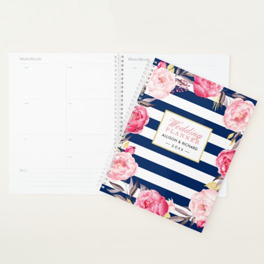 Navy Blue Waterverf Goud Roze Bloemen Huwelijk Planner (Display)