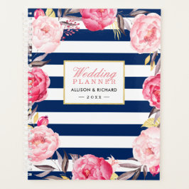 Navy Blue Waterverf Goud Roze Bloemen Huwelijk Planner