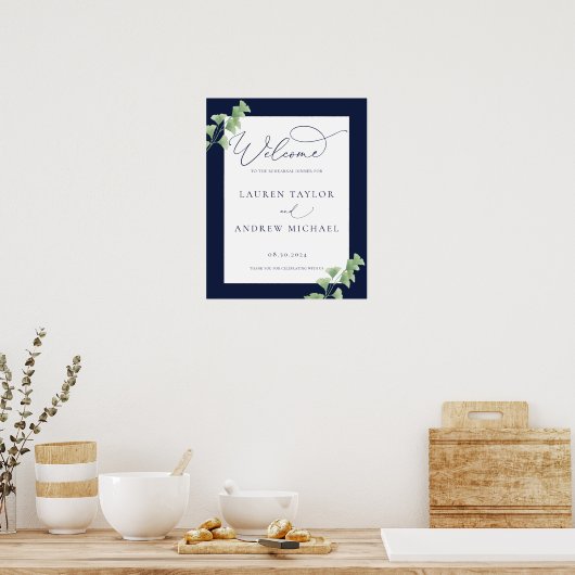Navy Blue Waterverf Greenery Rehearsal Dinner Poster (Keuken)