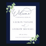 Navy Blue Waterverf Greenery Rehearsal Dinner Poster<br><div class="desc">Dit elegante,  moderne,  Welkom bij het repetitieve diner-bord biedt een donkerblauwe rand met waterverf groen voor een mooie,  moderne look. Personaliseer/pas aan met uw repetitieve diner/partijinformatie in modern schrijven.</div>