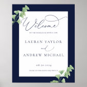 Navy Blue Waterverf Greenery Rehearsal Dinner Poster (Voorkant)