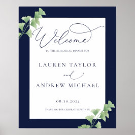 Navy Blue Waterverf Greenery Rehearsal Dinner Poster