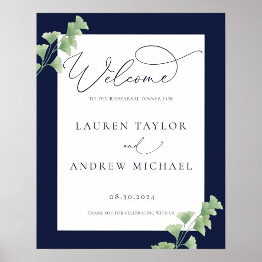 Navy Blue Waterverf Greenery Rehearsal Dinner Poster (Voorkant)