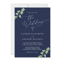 Navy Blue Waterverf Greenery Wedding Invitation