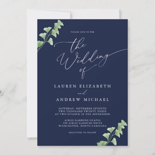 Navy Blue Waterverf Greenery Wedding Invitation Kaart (Voorkant)