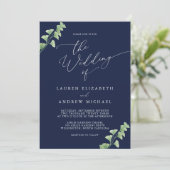 Navy Blue Waterverf Greenery Wedding Invitation Kaart (Staand voorkant)