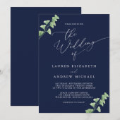 Navy Blue Waterverf Greenery Wedding Invitation Kaart (Voorkant / Achterkant)