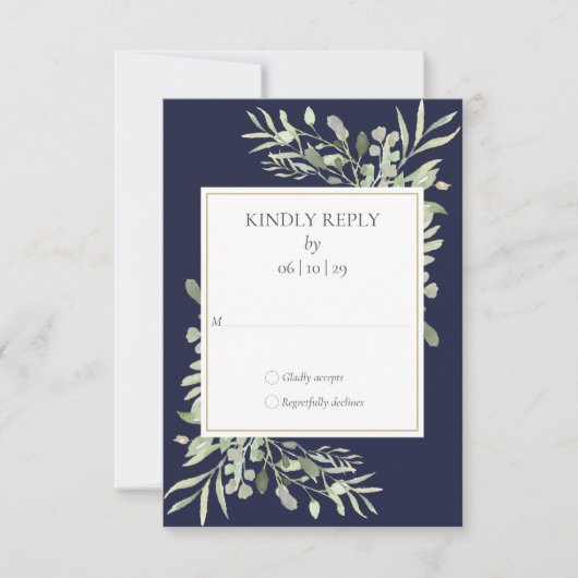 Navy Blue Waterverf Greenery Wedding RSVP Kaartje (Voorkant)