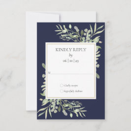 Navy Blue Waterverf Greenery Wedding RSVP Kaartje
