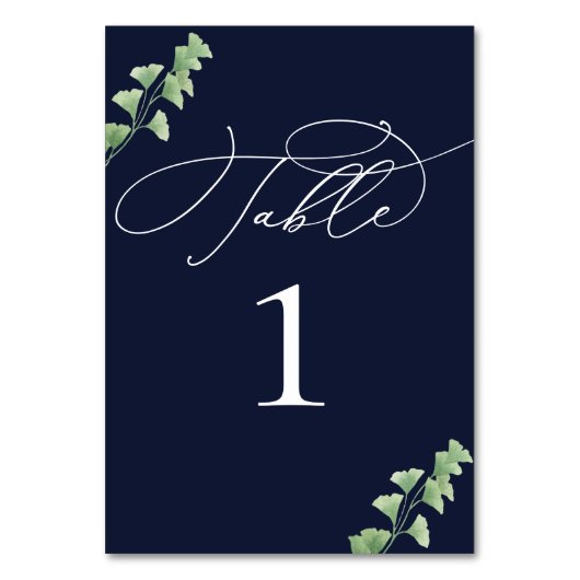 Navy Blue Waterverf Greenery Wedding Table Number Kaart (Achterkant)