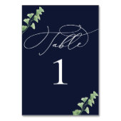 Navy Blue Waterverf Greenery Wedding Table Number Kaart (Voorkant)