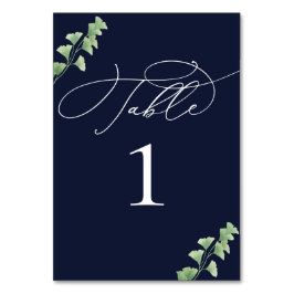 Navy Blue Waterverf Greenery Wedding Table Number Kaart