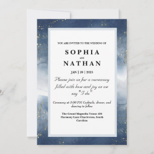 Navy Blue Waterverf huwelijksuitnodiging met goud Kaart