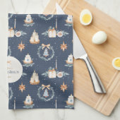 Navy Blue Waterverf Kerst Keuken Handdoek (Quarter Fold)