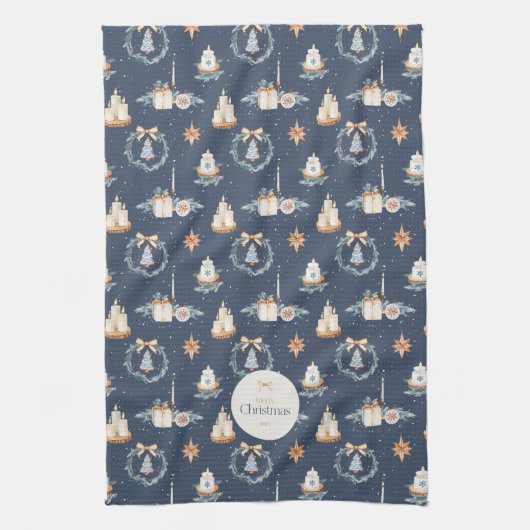 Navy Blue Waterverf Kerst Keuken Handdoek (Verticaal)