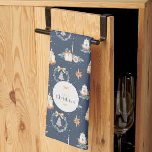Navy Blue Waterverf Kerst Keuken Handdoek