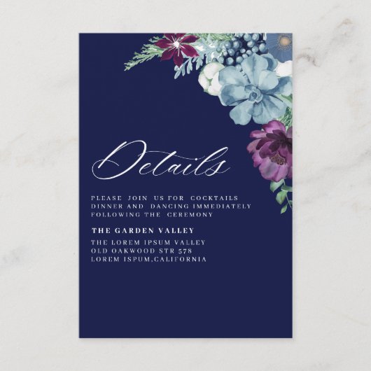 Navy Blue Waterverf magenta Floral Wedding Detail Informatiekaartje (Voorkant)