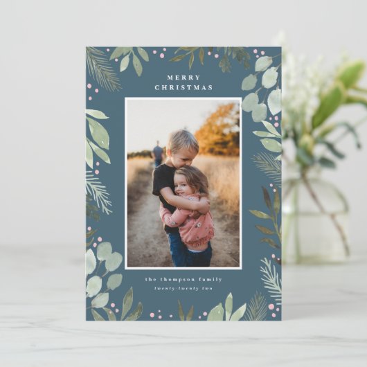 Navy Blue Waterverf Merry-kerstfotokaart Kaart (Staand voorkant)