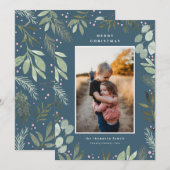 Navy Blue Waterverf Merry-kerstfotokaart Kaart (Voorkant / Achterkant)