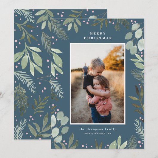 Navy Blue Waterverf Merry-kerstfotokaart Kaart (Voorkant / Achterkant)