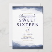 Navy Blue Waterverf Modern Chic Sweet 16 Party Kaart (Voorkant)