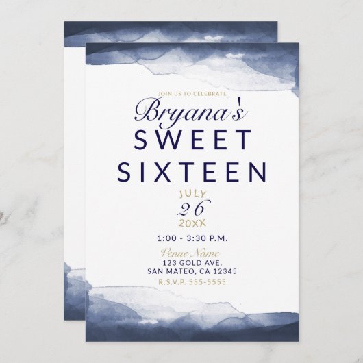 Navy Blue Waterverf Modern Chic Sweet 16 Party Kaart (Voorkant / Achterkant)