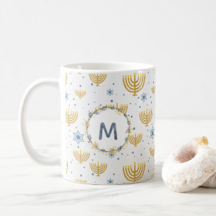 Navy Blue Waterverf Monogram + Hanukkah Pattern Koffiemok