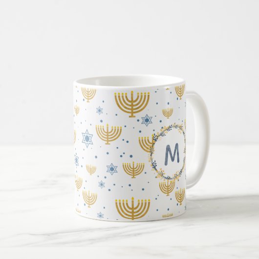 Navy Blue Waterverf Monogram + Hanukkah Pattern Koffiemok (Voorkant rechts)