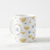 Navy Blue Waterverf Monogram + Hanukkah Pattern Koffiemok (Voorkant links)