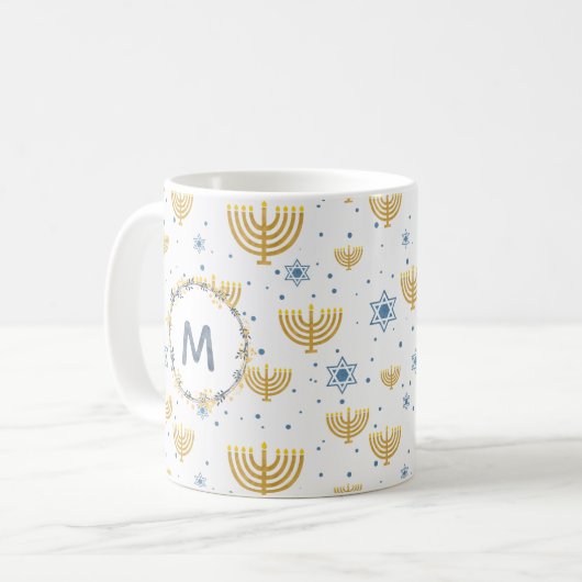 Navy Blue Waterverf Monogram + Hanukkah Pattern Koffiemok (Voorkant links)