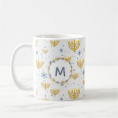 Navy Blue Waterverf Monogram + Hanukkah Pattern Koffiemok (Links)