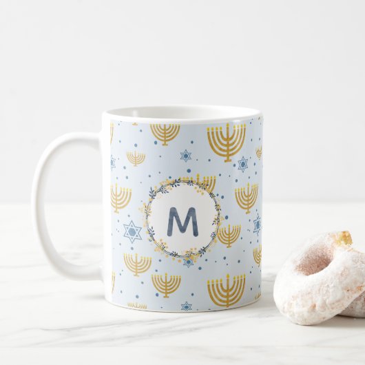 Navy Blue Waterverf Monogram + Hanukkah Pattern Koffiemok (Met donut)
