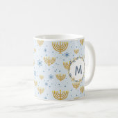 Navy Blue Waterverf Monogram + Hanukkah Pattern Koffiemok (Voorkant rechts)
