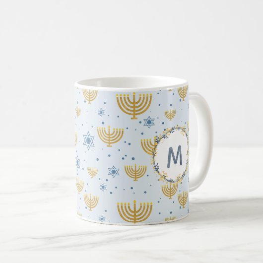 Navy Blue Waterverf Monogram + Hanukkah Pattern Koffiemok (Voorkant rechts)
