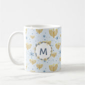 Navy Blue Waterverf Monogram + Hanukkah Pattern Koffiemok (Links)