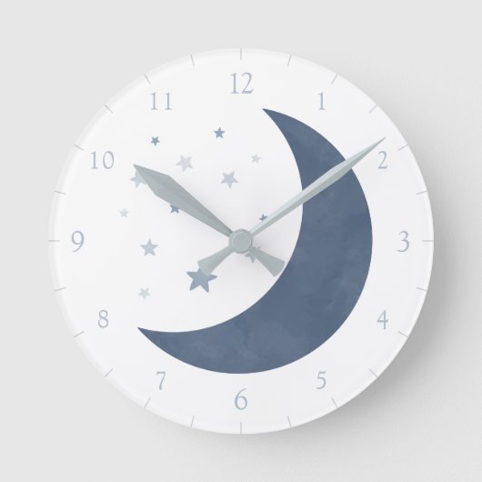 Navy Blue Waterverf Moon en Stars Ronde Klok (Voorkant)