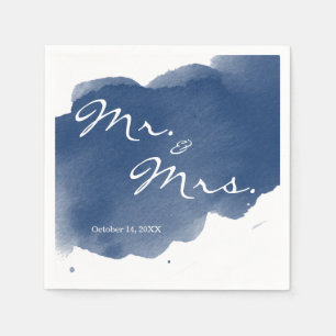 Navy Blue Waterverf Mr Mrs Cocktail Party Napkin Servet
