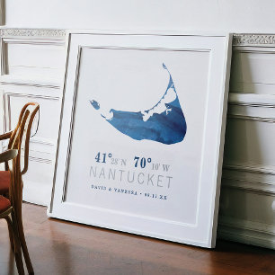 Navy Blue Waterverf Nantucket Coördinaten Kaart Poster