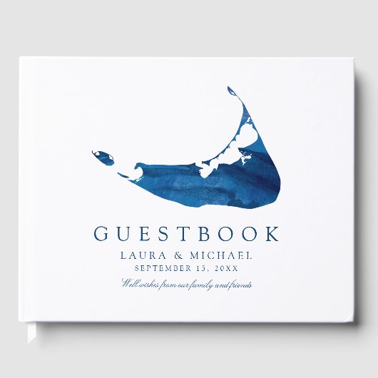 Navy Blue Waterverf Nantucket Kaart Bruiloft Gastenboek (Voorkant)