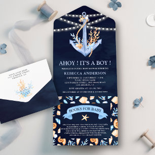 Navy Blue Waterverf Nautical Anchor Baby shower All In One Uitnodiging