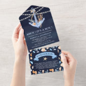 Navy Blue Waterverf Nautical Anchor Baby shower All In One Uitnodiging (Afscheurbaar)
