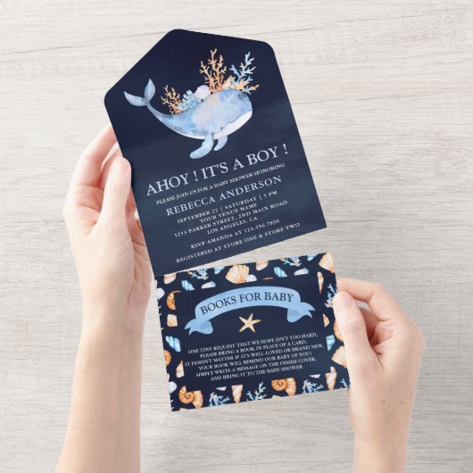 Navy Blue Waterverf Nautical Whale Baby shower All In One Uitnodiging (Afscheurbaar)