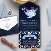 Navy Blue Waterverf Nautical Whale Baby shower All In One Uitnodiging